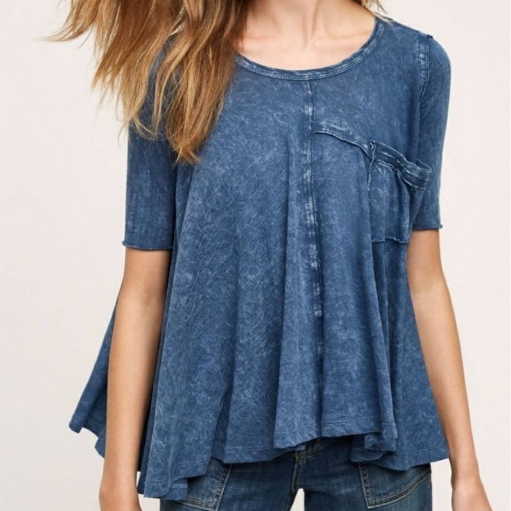 Eri + Ali Anthropologie Blue Acid Wash Cotton Swing Tunic Top Petite Small SP
